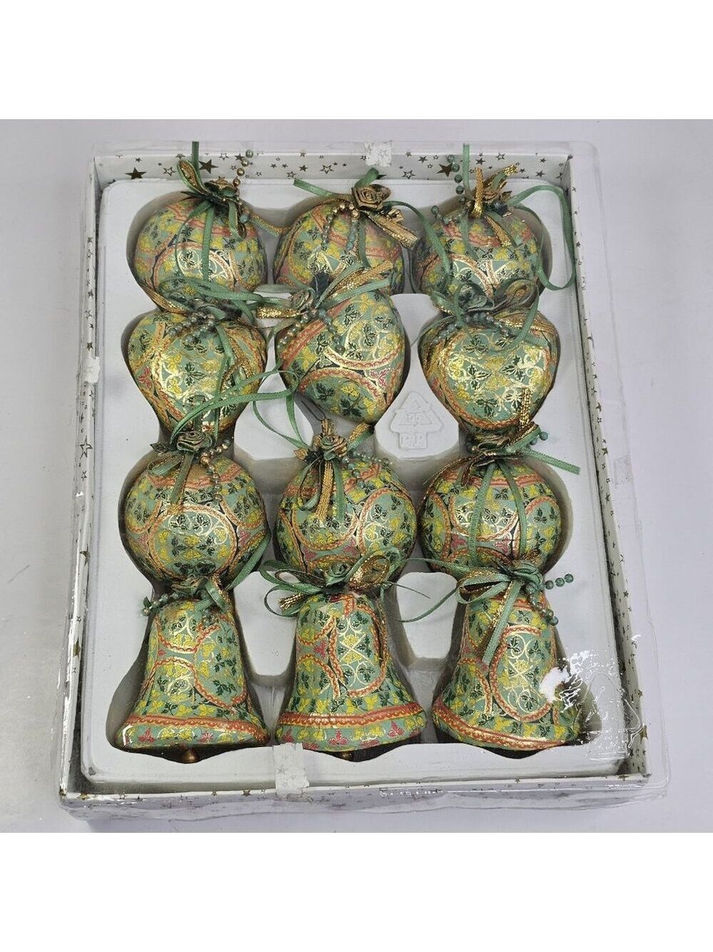 Christmas Ornament Set Paper Mache Bell, Round, And Hearts 12pcs Gold Green Etc - Picture 8 of 9